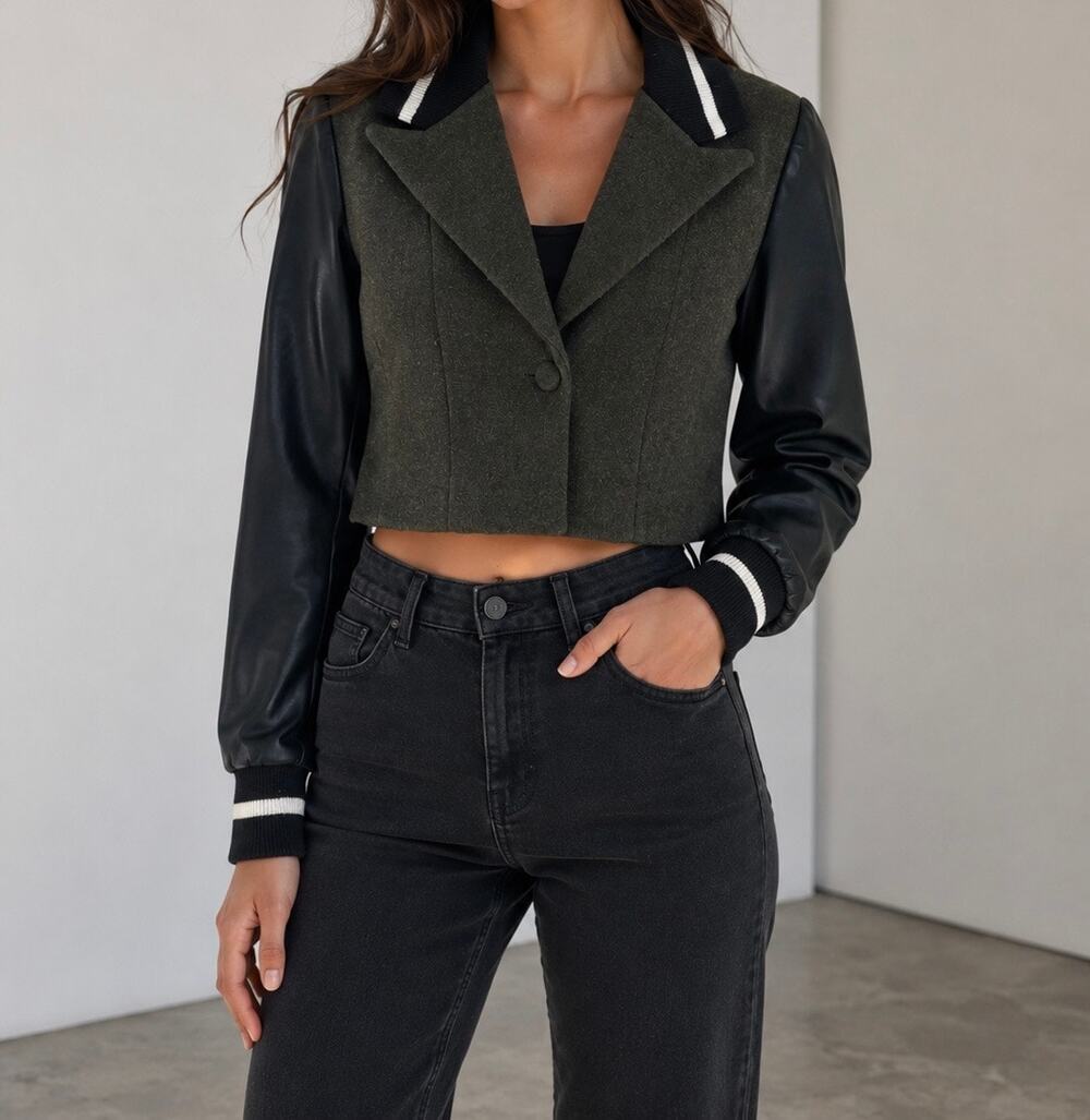 7 For All Mankind Mixed-Media Cropped Bomber Blazer Jacket Size Small